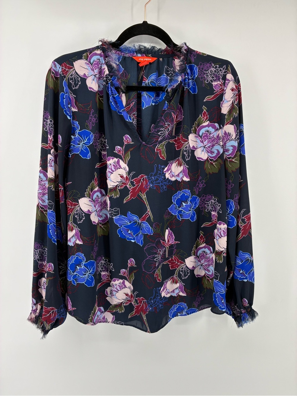Sheer Floral V-Neck Blouse - Black with Blue & Pink Floral
